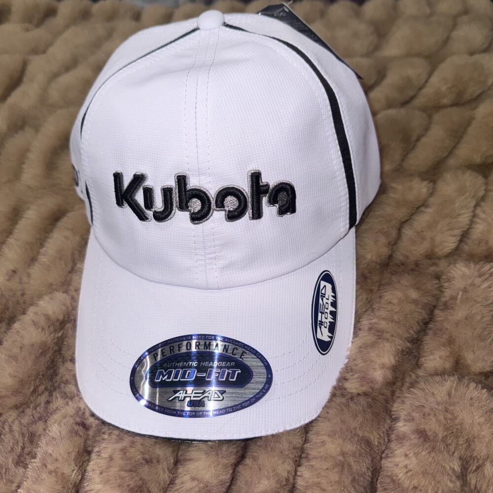 New Kubota Ball Cap, Hat, Authentic Mid-fit, Ahead USA, White under bill.